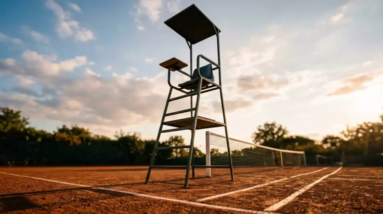 Silla de juez de silla en una pista de tenis profesional con la red y la línea de fondo visibles