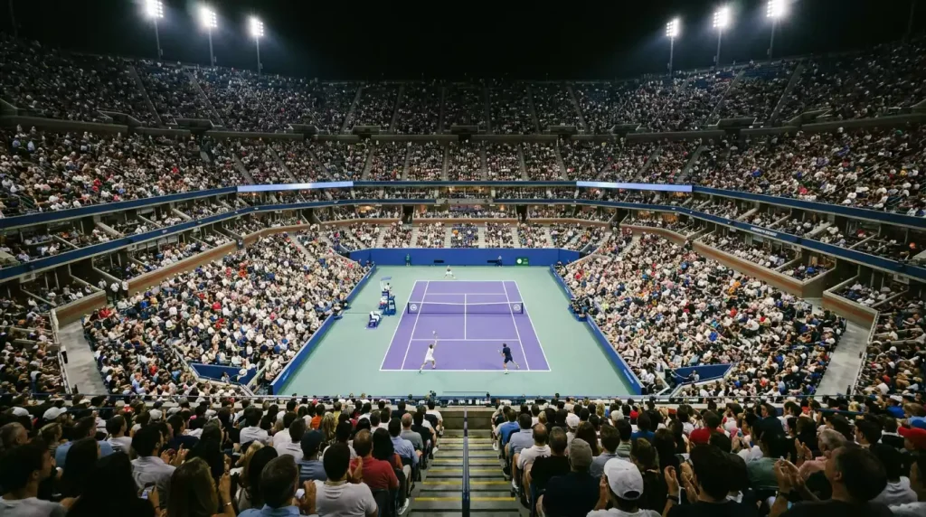 Estadio de tenis lleno de espectadores durante un partido nocturno de un torneo Masters 1000