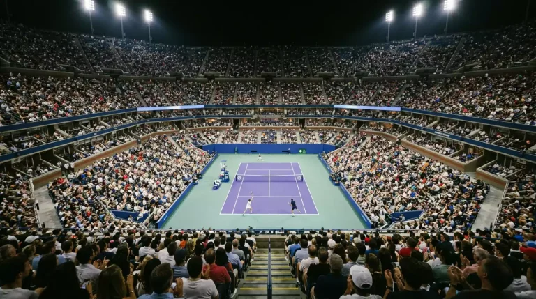 Estadio de tenis lleno de espectadores durante un partido nocturno de un torneo Masters 1000