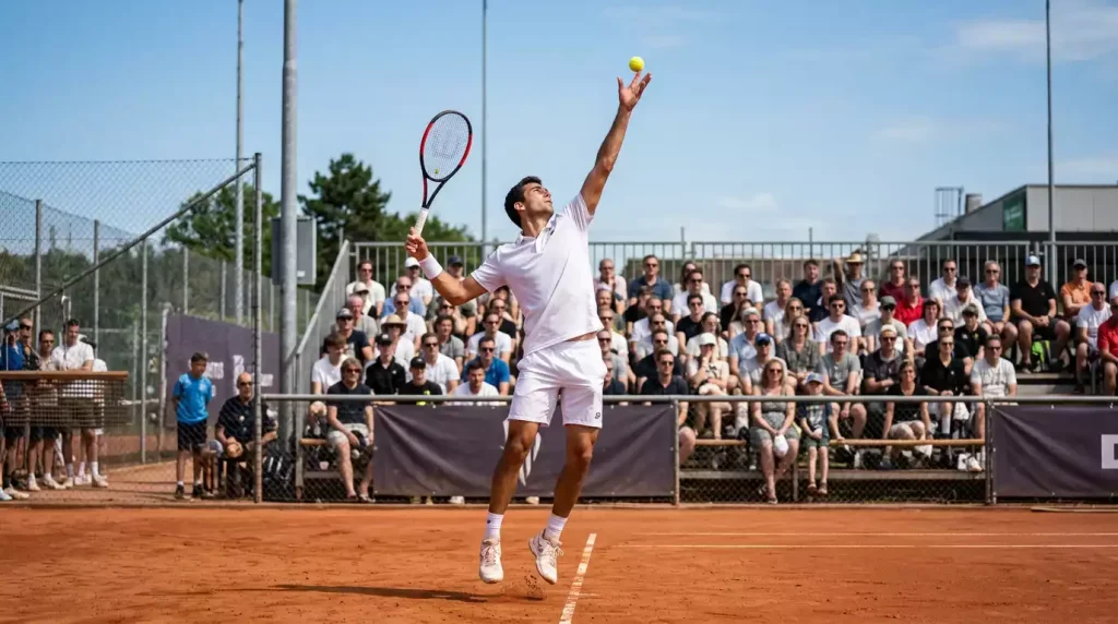 Pista de tenis de un torneo Challenger con gradas pequeñas y jugador sacando