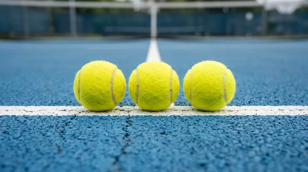 Tres pelotas de tenis alineadas sobre la línea de saque de una pista dura profesional