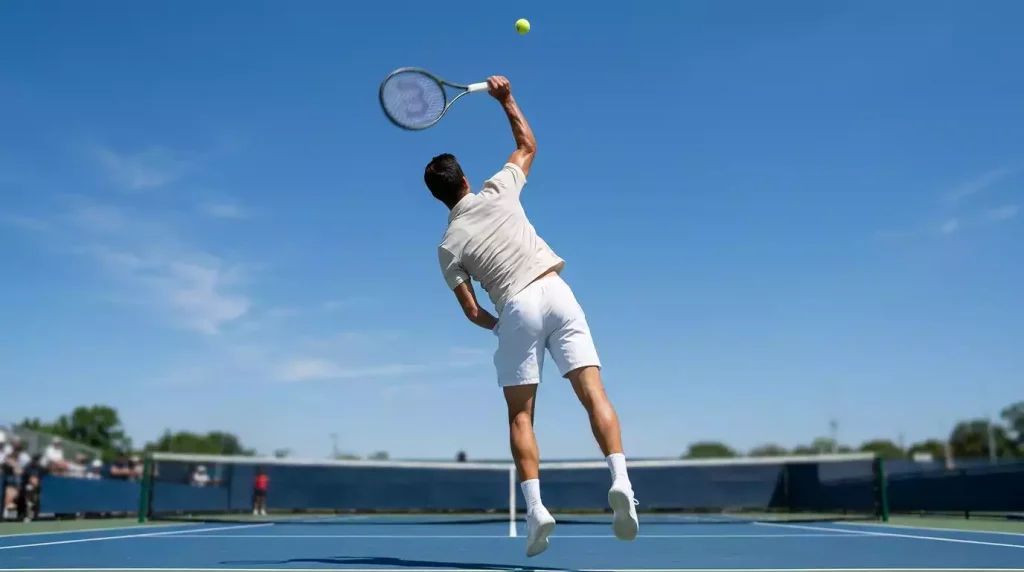 Jugador de tenis profesional en el momento del saque con la pelota en el punto más alto del lanzamiento