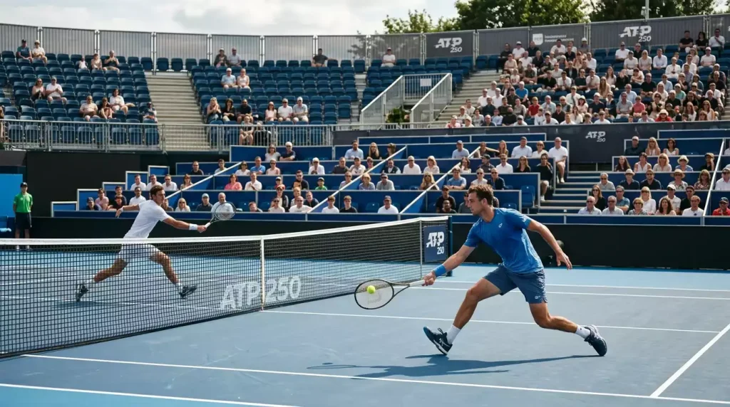 Pista central de un torneo ATP 250 con gradas parcialmente ocupadas y jugadores en pista