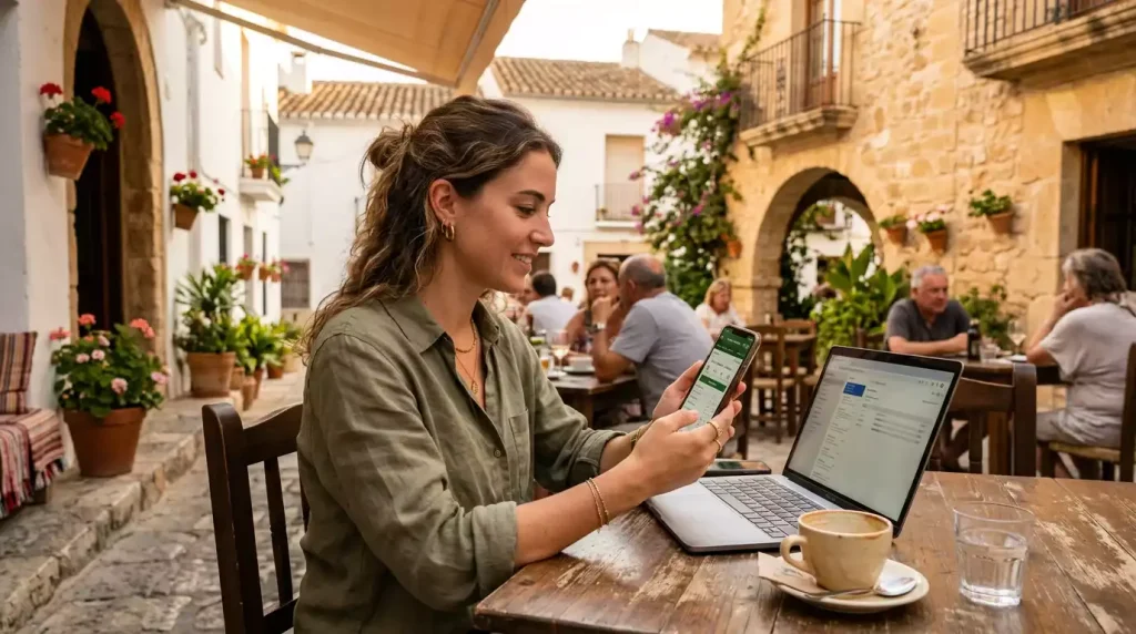Aficionado español viendo tenis en un dispositivo móvil desde una terraza con vistas a la ciudad