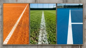 Tres tipos de pista de tenis - tierra batida, hierba y pista dura - vistos desde la grada de un torneo profesional