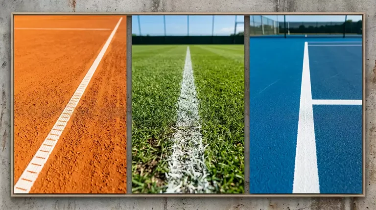 Tres tipos de pista de tenis - tierra batida, hierba y pista dura - vistos desde la grada de un torneo profesional