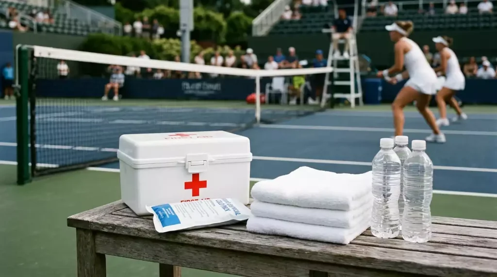 Botiquín médico junto a la pista de tenis con toallas y botellas de agua en el banquillo del jugador