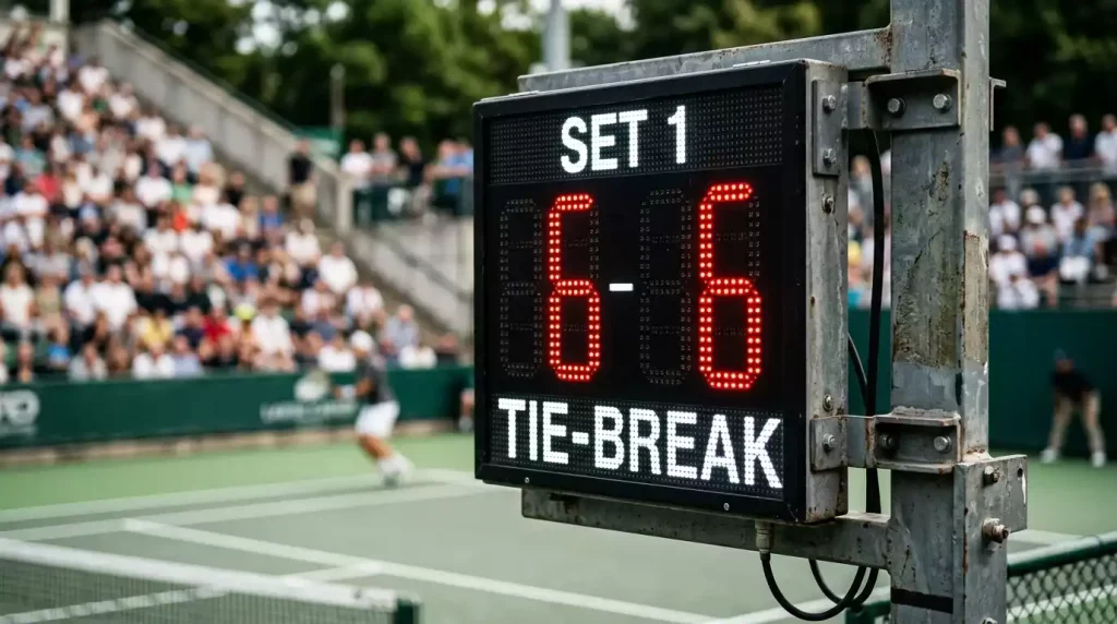 Marcador de tenis mostrando un tie-break en curso con el resultado 6-6 en el primer set