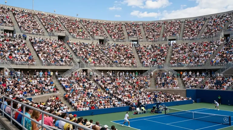 Gradas llenas de espectadores durante un partido diurno de tenis en un estadio al aire libre