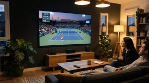 Pantalla de televisión mostrando una retransmisión de tenis en directo con datos superpuestos