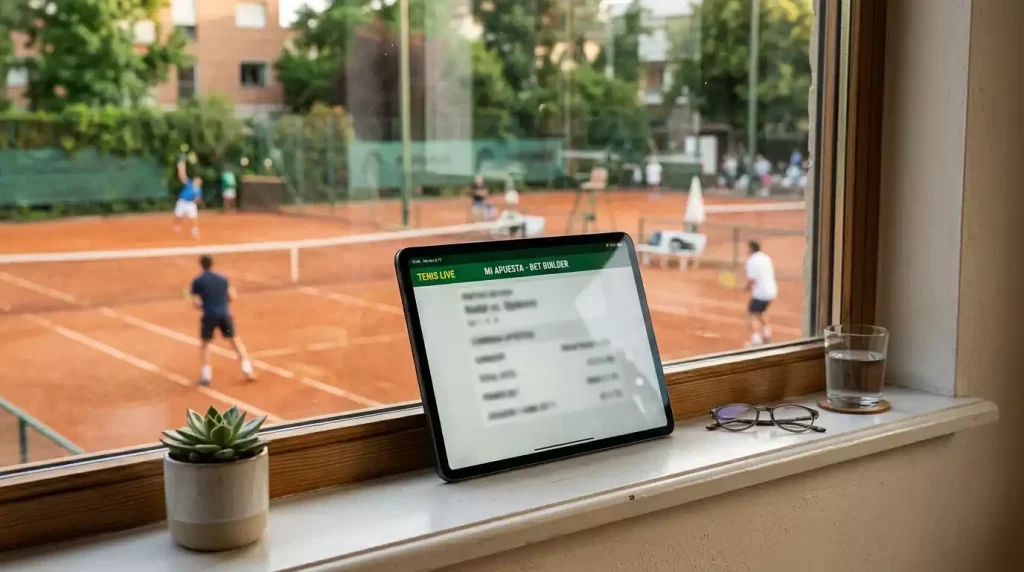 Tablet mostrando una pantalla de apuestas con una pista de tenis visible a través de la ventana