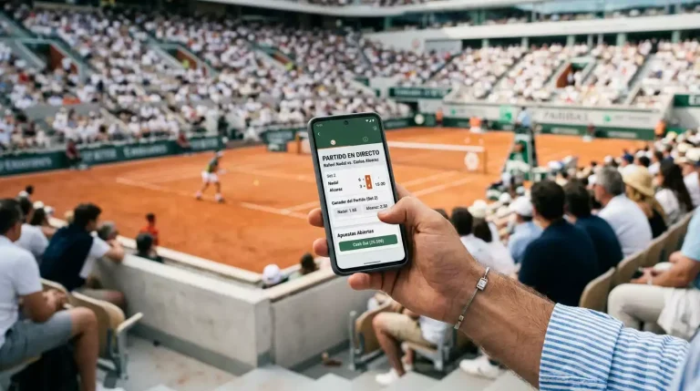 Teléfono móvil en la mano de un espectador con una pista de tenis desenfocada al fondo