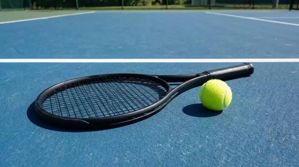 Raqueta de tenis y pelota sobre una pista dura con la línea de fondo marcada en blanco
