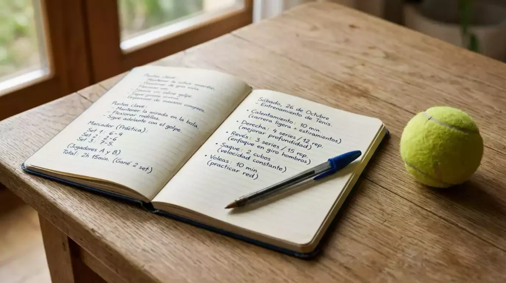 Cuaderno de notas abierto con bolígrafo y pelota de tenis sobre un escritorio de madera