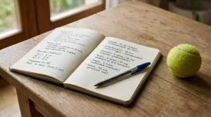 Cuaderno de notas abierto con bolígrafo y pelota de tenis sobre un escritorio de madera