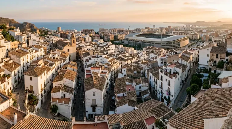 Panorámica de una ciudad española con un estadio deportivo visible al fondo