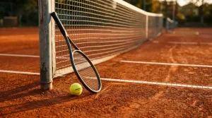 Pista de tenis de tierra batida con red central y raqueta apoyada en la red durante un torneo ATP