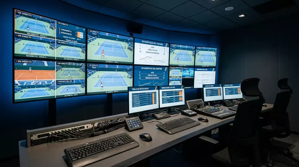 Sala de control con múltiples pantallas mostrando datos deportivos en tiempo real
