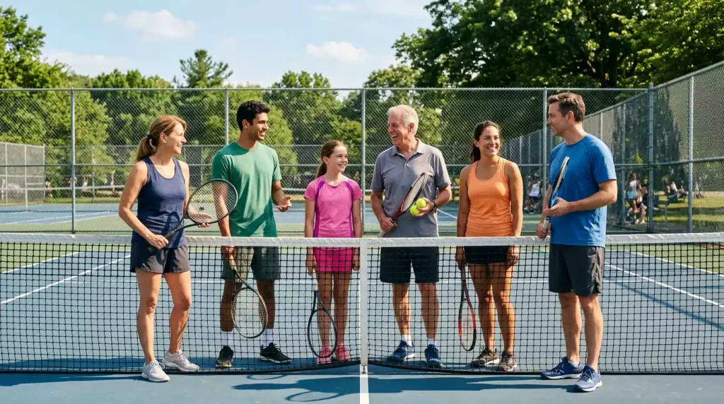 Grupo de personas jugando al tenis en una pista pública al aire libre con raquetas y pelotas
