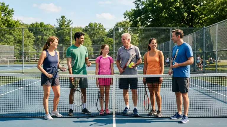 Grupo de personas jugando al tenis en una pista pública al aire libre con raquetas y pelotas