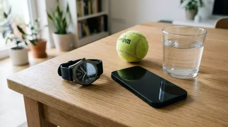 Reloj de pulsera y teléfono móvil sobre una mesa de madera con una pelota de tenis al lado
