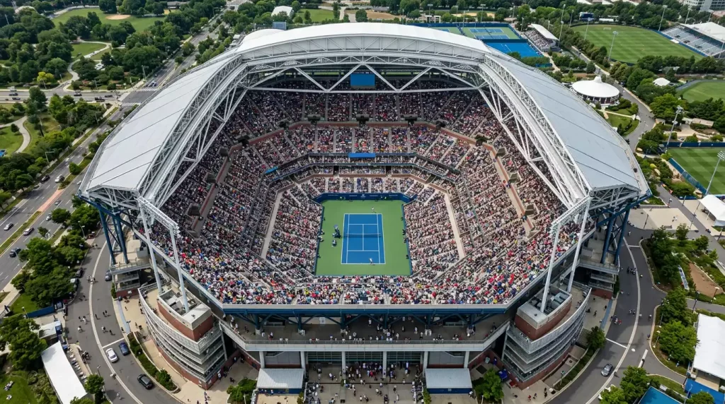 Vista aérea de un estadio de tenis con las gradas llenas durante la final de un torneo ATP