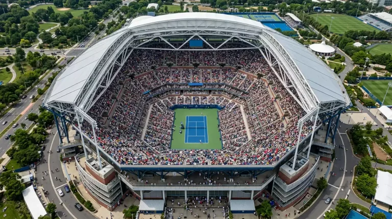 Vista aérea de un estadio de tenis con las gradas llenas durante la final de un torneo ATP
