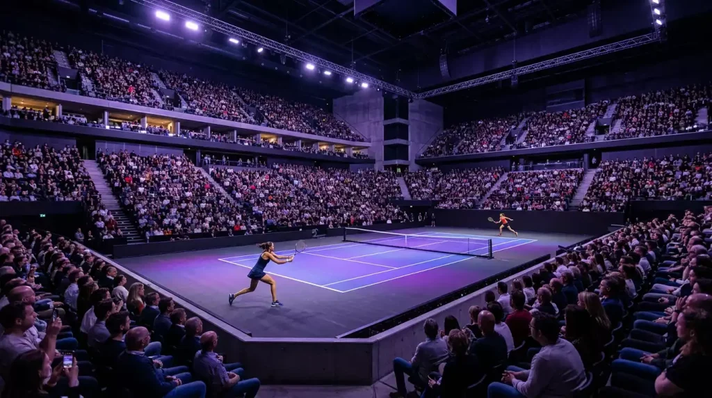 Interior del Pala Alpitour de Turín iluminado durante un partido de las Nitto ATP Finals