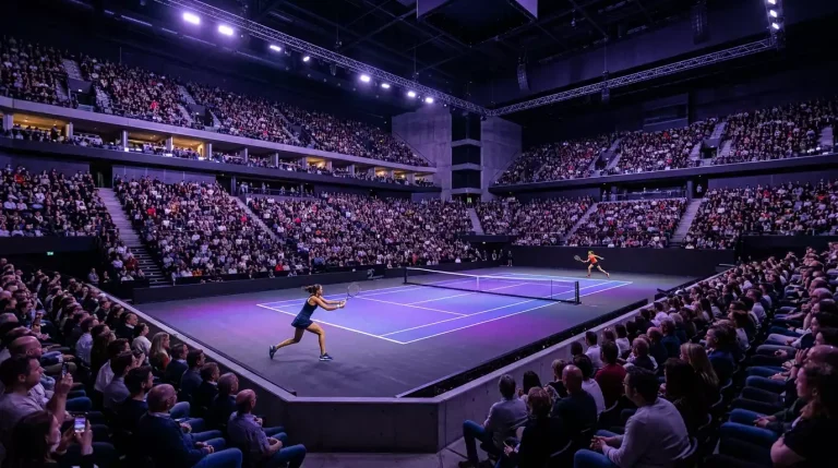 Interior del Pala Alpitour de Turín iluminado durante un partido de las Nitto ATP Finals