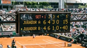 Marcador electrónico de un partido de tenis ATP mostrando el recuento de juegos por set