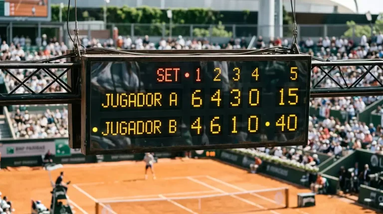 Marcador electrónico de un partido de tenis ATP mostrando el recuento de juegos por set