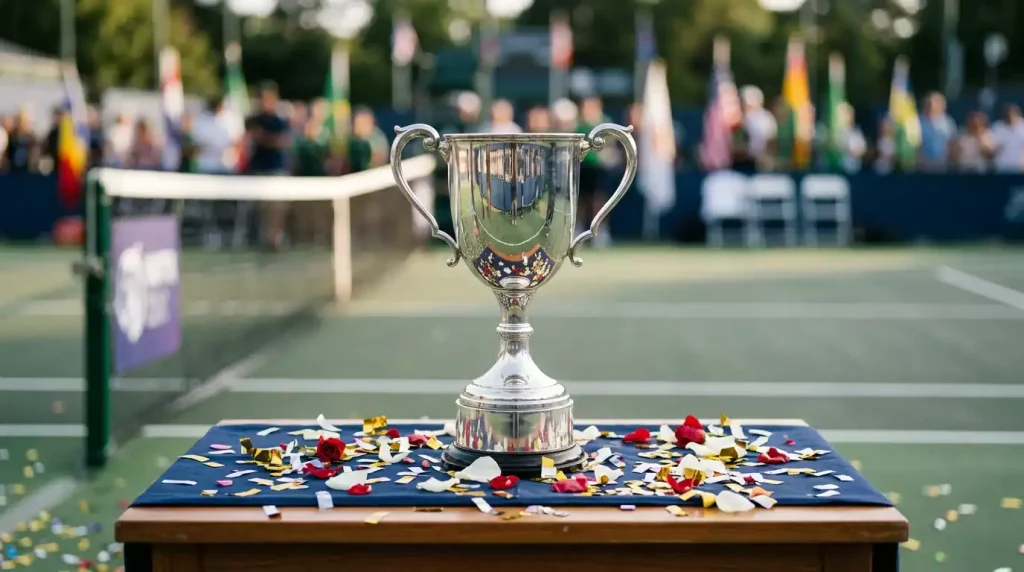 Trofeo de tenis sobre una mesa con la pista de tenis de fondo durante la ceremonia de premiación