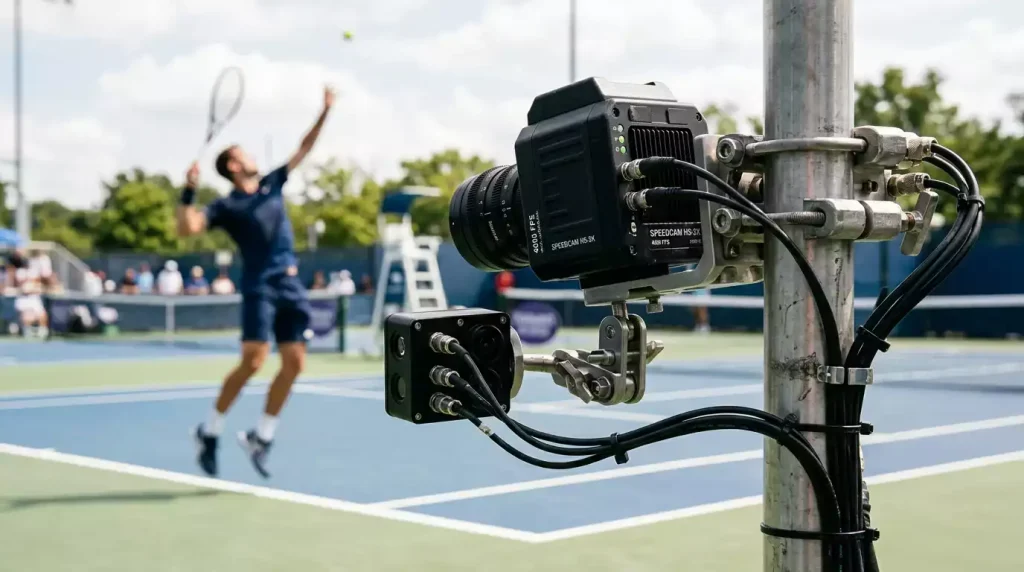 Cámara de seguimiento de datos instalada junto a una pista de tenis profesional durante un partido ATP
